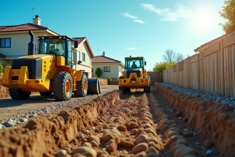 Chantier avec machines pour levee de jardin résidentiel