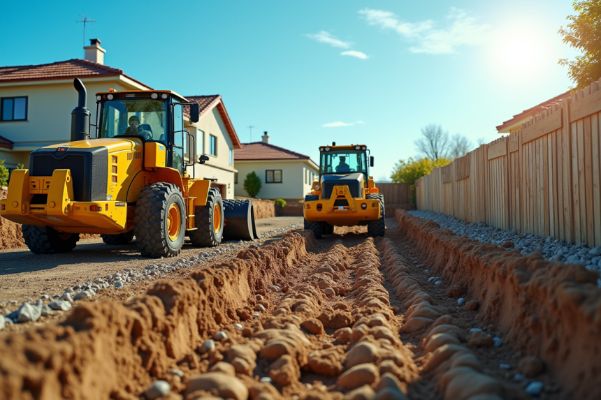 Chantier avec machines pour levee de jardin résidentiel