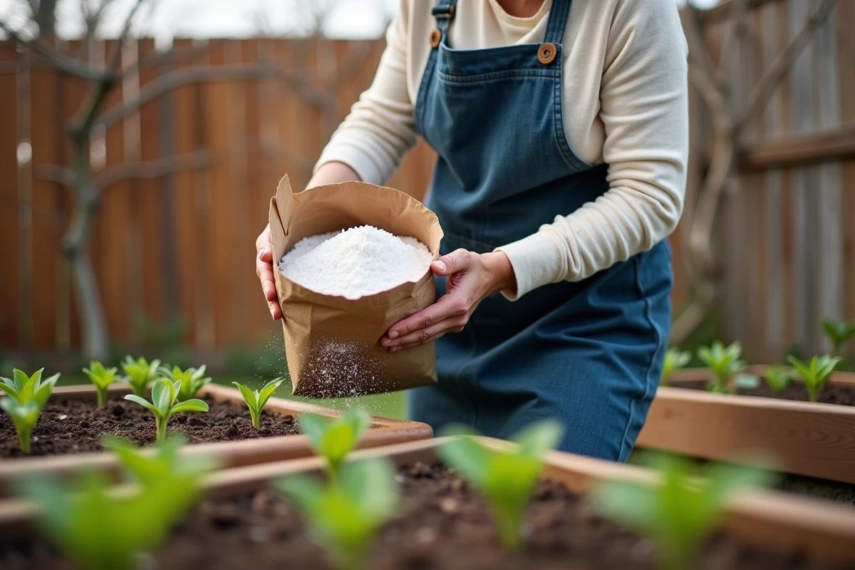 Femme versant de la chaux agricole près de jeunes plants dans des bacs en bois surélevés au printemps