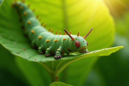 Chenille sphinx sur feuille verte au matin