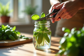 Mains coupant du basilic frais avec des ciseaux sur un plan de travail lumineux