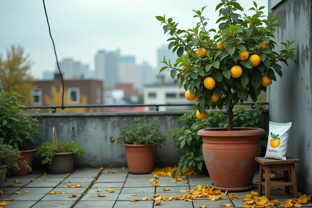Citronnier stressé en pot sur une terrasse urbaine avec des feuilles jaunes tombées au sol et des outils de jardinage