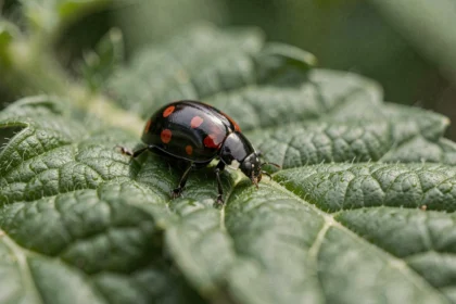 Coccinelle noire à points rouges sur une feuille de plant de tomate dans un jardin potager