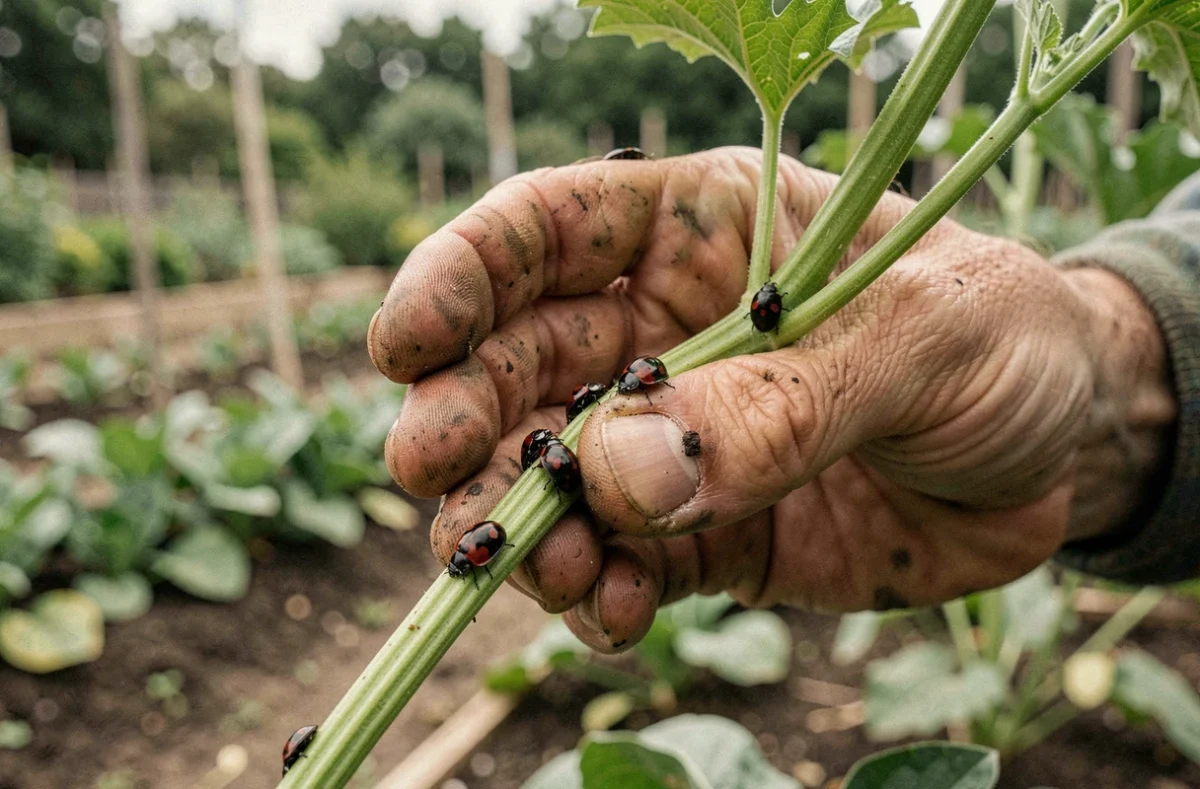 Main de jardinier tenant une tige de plante avec des coccinelles noires à points rouges dans un potager