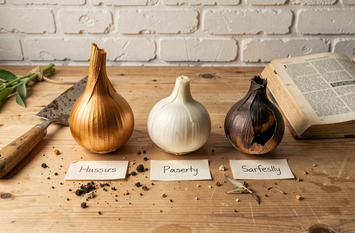 Comparaison de bulbes de lys sains et pourris sur un établi de jardinage avec étiquettes explicatives