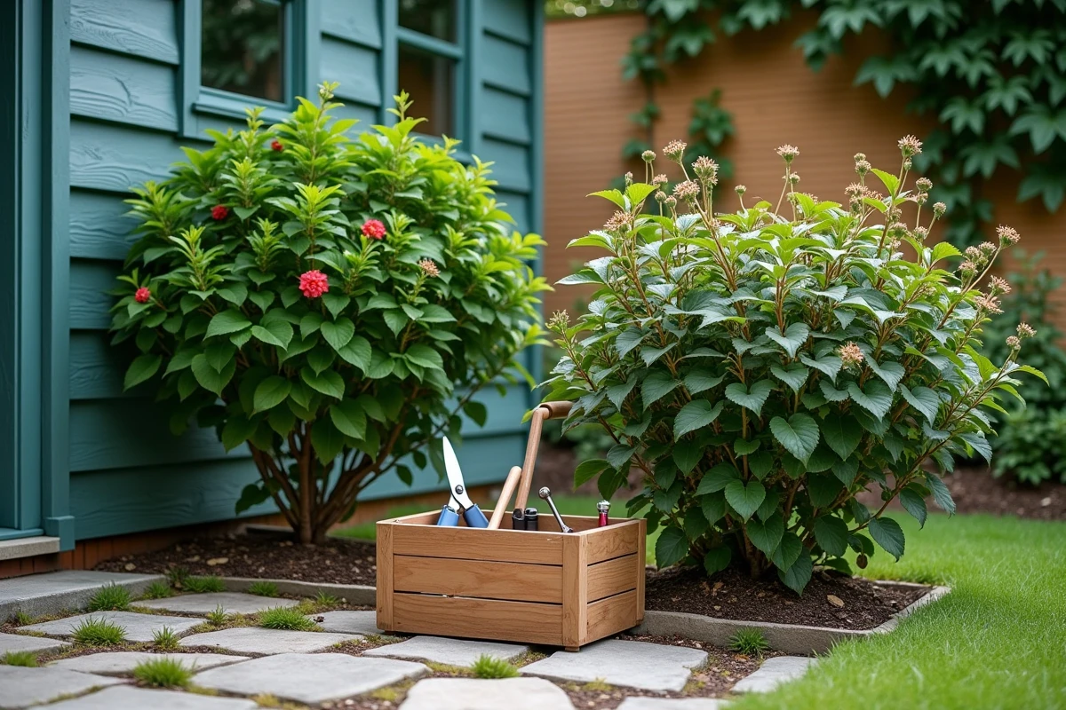 Comparaison de deux hibiscus en jardin, l'un taillé au printemps et l'autre non taillé, avec outils de jardinage