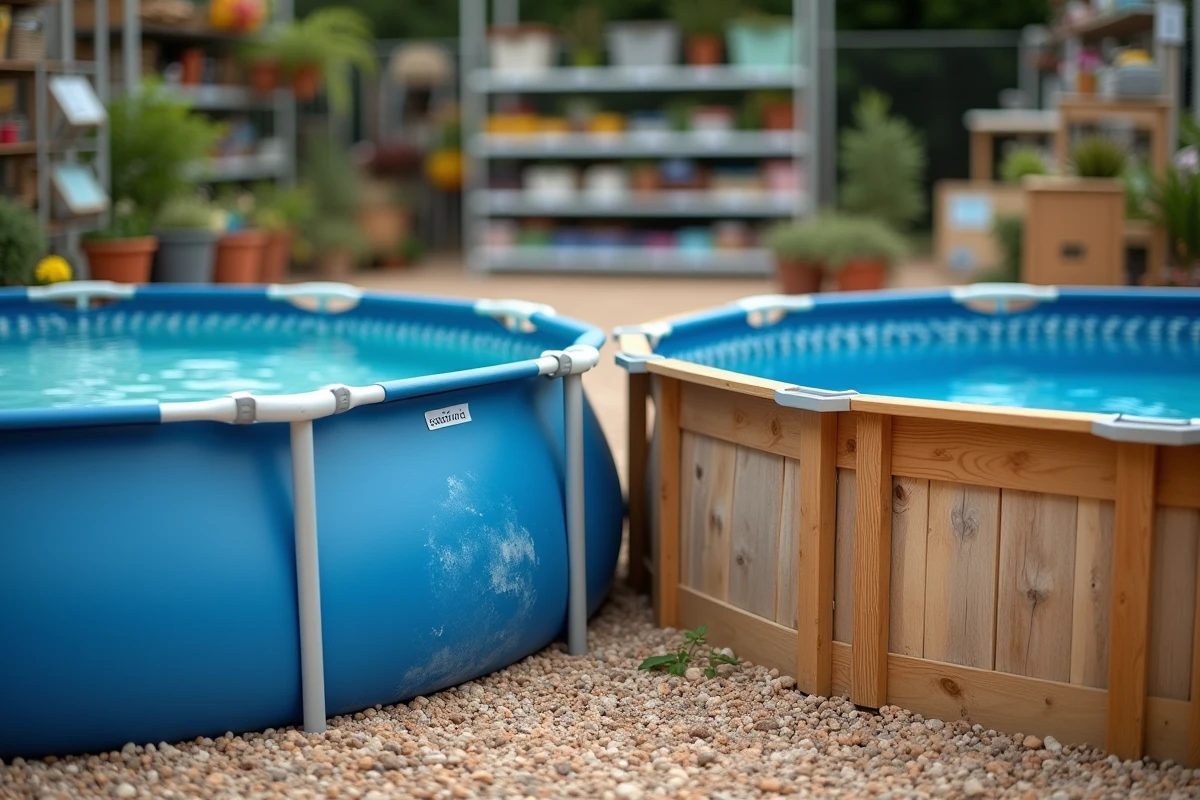 Comparaison de deux modèles de piscines hors sol, structure acier et bois, dans un magasin de jardinage