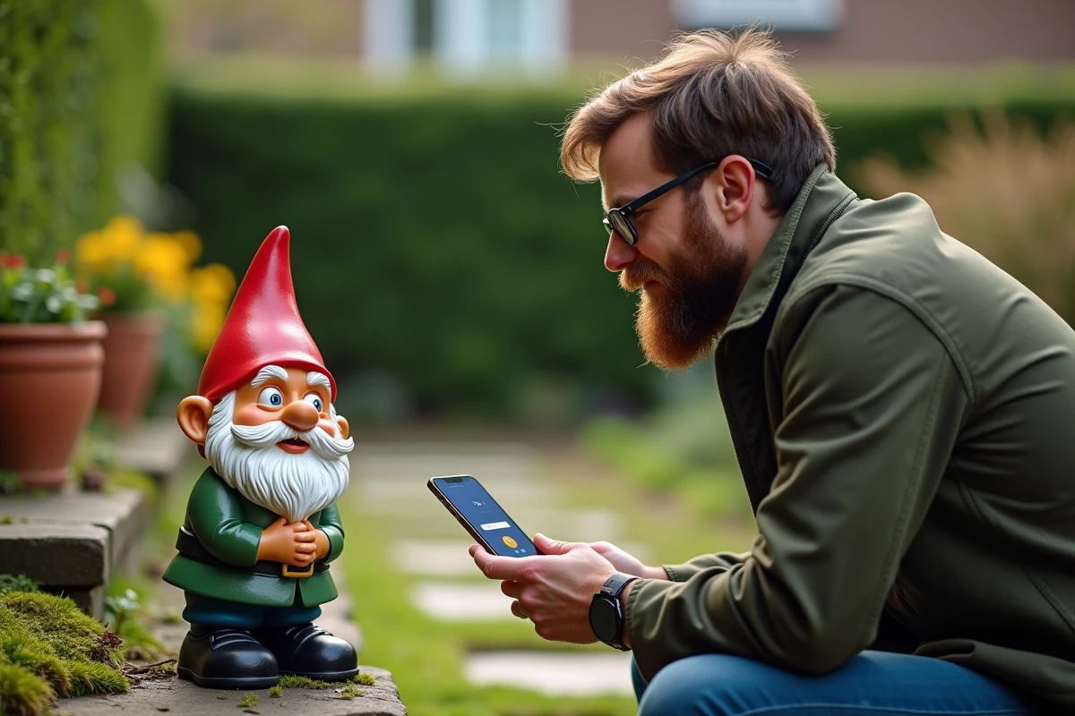 Homme comparant un vrai nain de jardin en céramique avec le doodle Google animé sur son smartphone dans un jardin