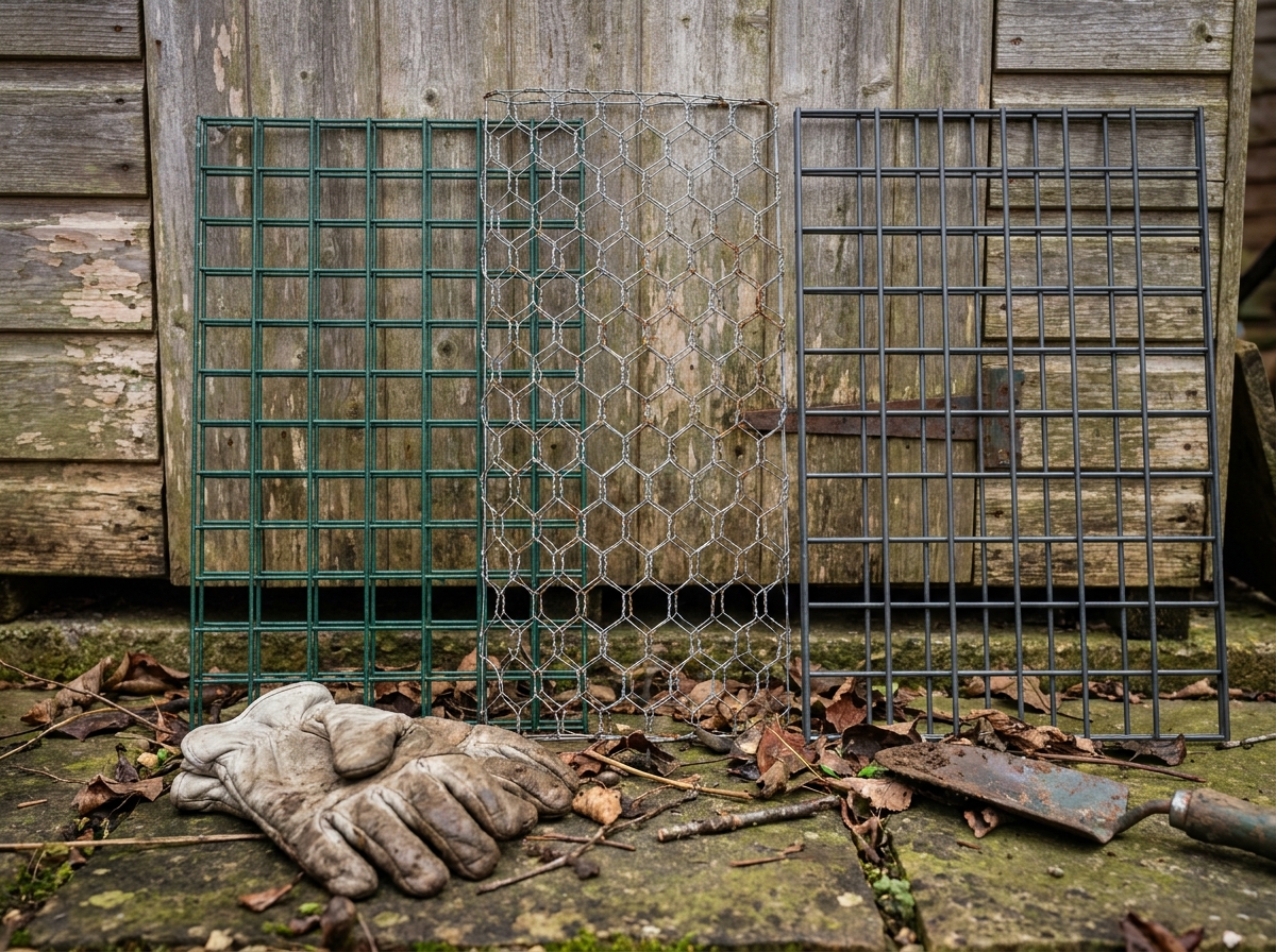 Comparaison de trois types de grillages de jardin posés contre un abri de jardin en bois, PVC vert, grillage hexagonal et panneau soudé noir
