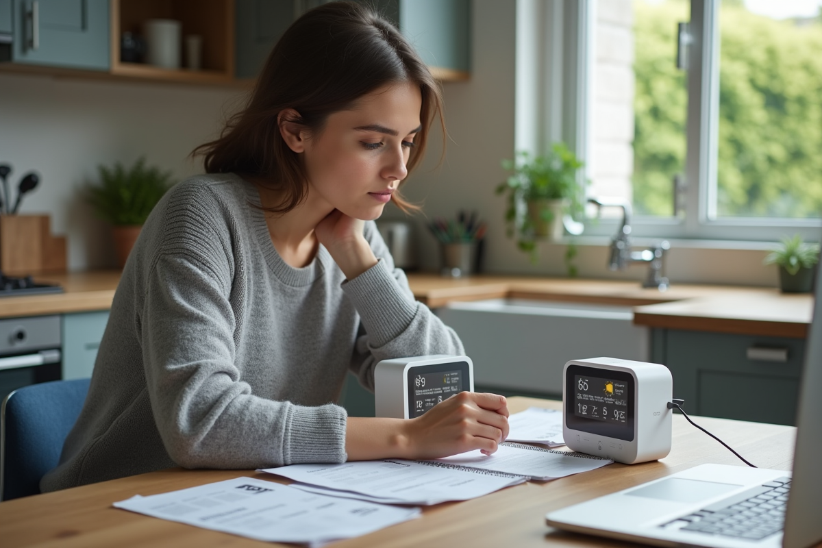 Jeune femme comparant deux stations météo à la maison