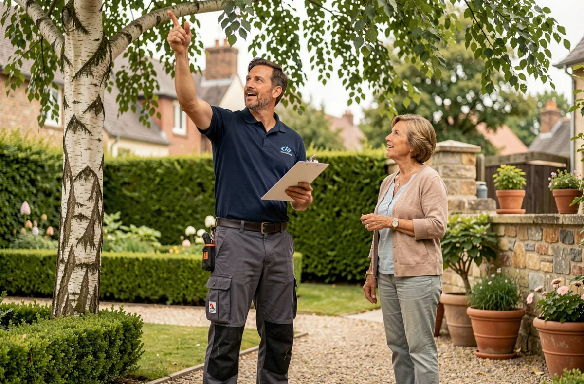 Arboriste professionnel en consultation avec une propriétaire dans un jardin pour évaluer l'élagage d'un bouleau