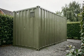 Conteneur abri de jardin isolé vu de l'extérieur avec condensation sur les parois métalliques et grille de ventilation