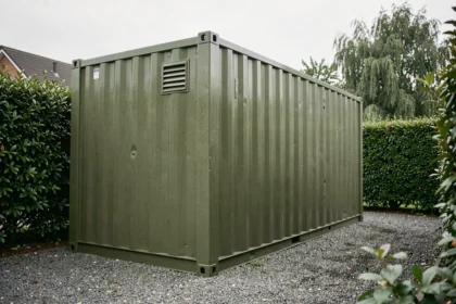 Conteneur abri de jardin isolé vu de l'extérieur avec condensation sur les parois métalliques et grille de ventilation