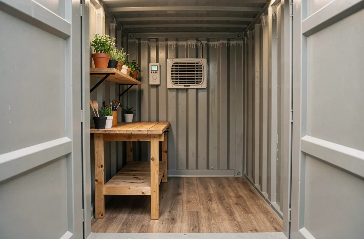Intérieur aménagé d'un conteneur abri de jardin isolé avec hygromètre mural et système de ventilation double flux