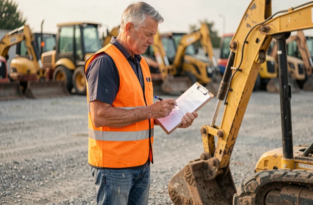 Homme consultant un contrat de location de mini pelle dans une agence de location d'engins de chantier