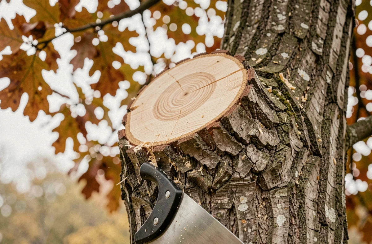 Gros plan sur une coupe de branche de chêne fraîchement taillée montrant le grain du bois et l'écorce rugueuse en automne