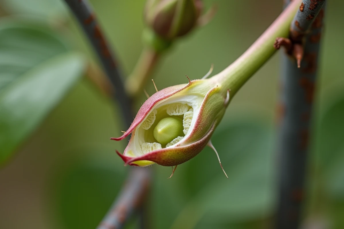 Gros plan sur une coupe nette d'un rosier grimpant au-dessus d'un bourgeon dormant au printemps