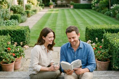 Couple détendu profitant de leur week-end sur une terrasse en bois avec un jardin parfaitement entretenu en arrière-plan
