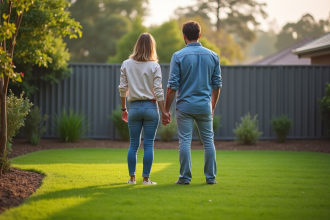 Jeune couple regardant un panneau d'interdiction sur la pelouse