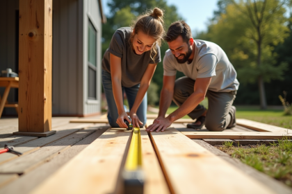 Couple mesurant des planches en bois dans le jardin pour une terrasse