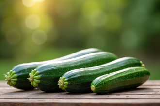 Courgettes et concombres fraîchement récoltés sur une table en bois