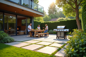Patio moderne avec barbecue à gaz et famille en été