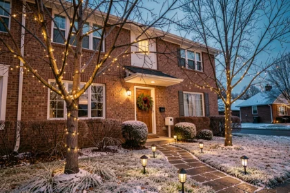 Maison de banlieue décorée de guirlandes LED durables et de lanternes solaires pour Noël, allée en pierre givrée et arbres illuminés au crépuscule hivernal