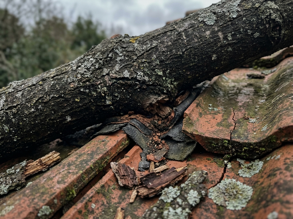Détail d'une grosse branche écrasant des tuiles de toit avec dommages visibles, algues et débris de bois sur la toiture