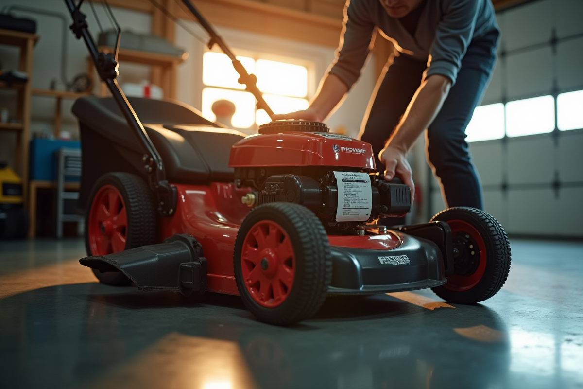 Détails de la lame de la tondeuse dans un garage lumineux