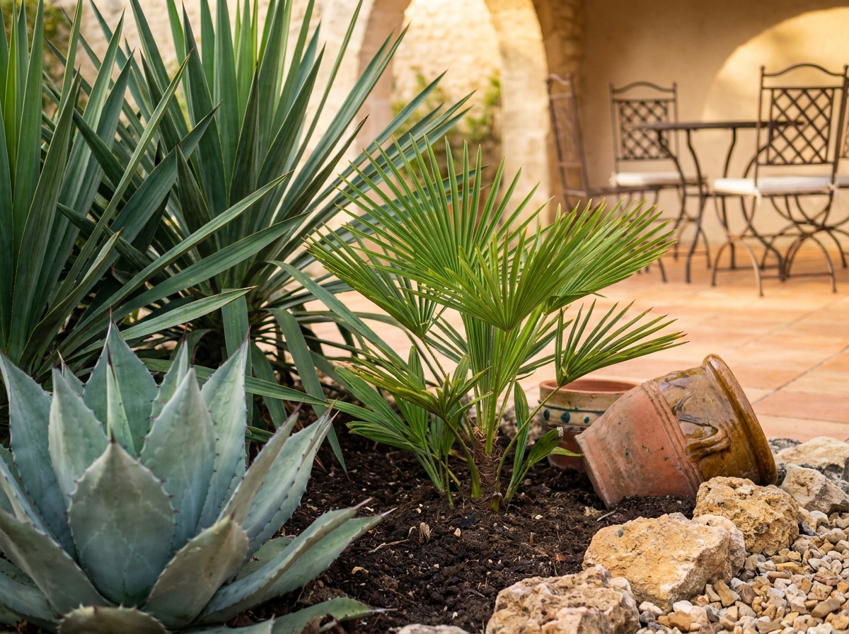 Détail de plantes exotiques tropicales agave yucca et palmier dans un jardin paysagé à Bordeaux avec terrasse en terre cuite