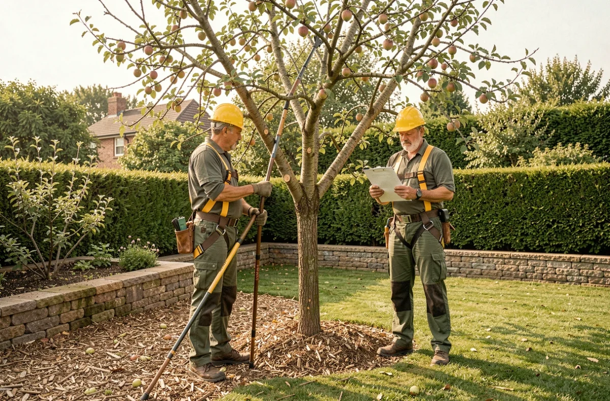Deux élagueurs en train d'estimer le prix d'un élagage d'arbre fruitier dans un jardin résidentiel