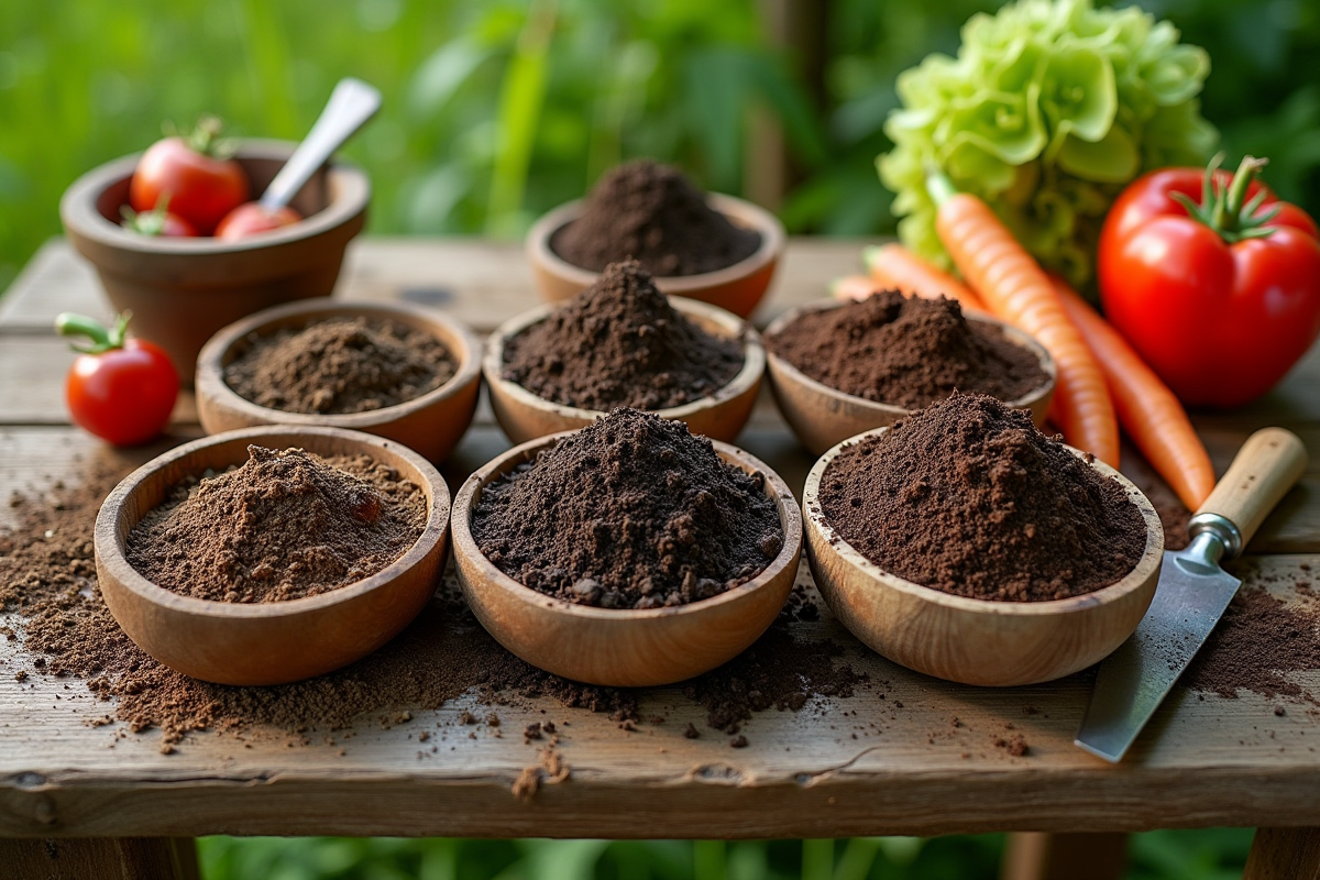 Différents types de compost en bols sur une table en bois