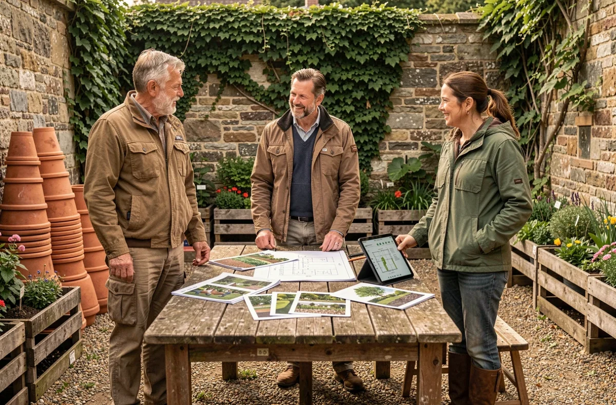 Élagueur, paysagiste et jardinier réunis autour de plans de jardinage dans la cour d'un jardinerie en pierre