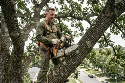 Élagueur professionnel sécurisé dans un arbre avec harnais et tronçonneuse lors d'une intervention en zone résidentielle