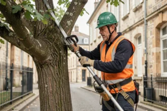 Élagueur professionnel en tenue de sécurité effectuant un élagage sur un arbre en milieu urbain à Nevers
