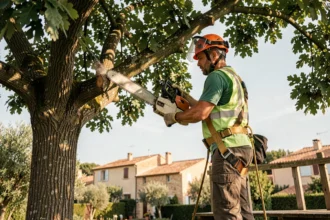 Élagueur professionnel sécurisé dans un chêne lors d'une intervention d'élagage à Plaisance-du-Touch
