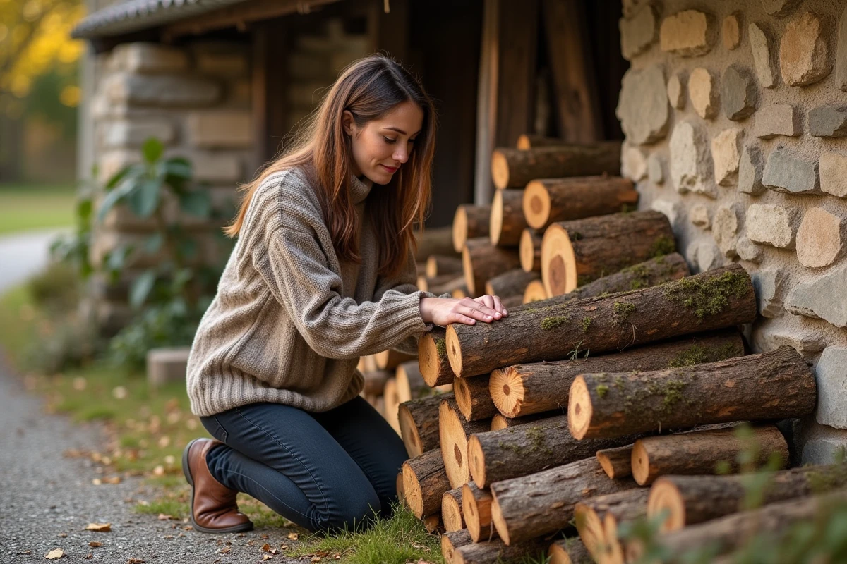 Femme empilant des bûches d'albizia contre un mur en pierre d'une ferme française à la campagne
