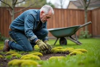 Homme enlevant la mousse d'une pelouse à la main avec un râteau dans un jardin résidentiel au printemps