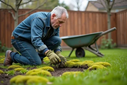 Homme enlevant la mousse d'une pelouse à la main avec un râteau dans un jardin résidentiel au printemps