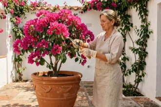 Femme entretenant un bougainvillier en pot sur une terrasse méditerranéenne avec des bracts roses vifs