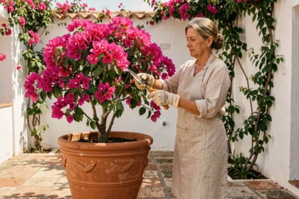 Femme entretenant un bougainvillier en pot sur une terrasse méditerranéenne avec des bracts roses vifs