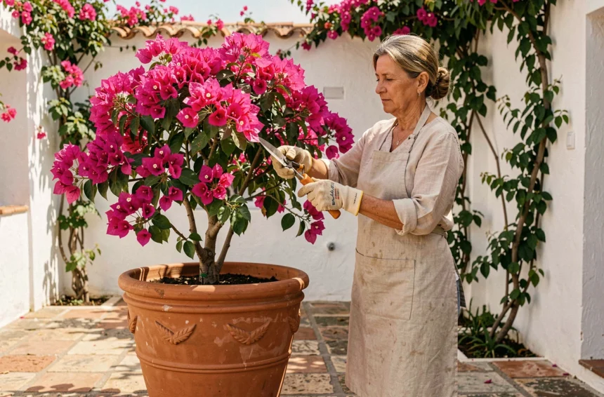 Femme entretenant un bougainvillier en pot sur une terrasse méditerranéenne avec des bracts roses vifs