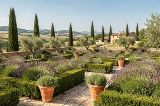 Vue panoramique d'un jardin provençal entretenu avec des haies de lavande, des allées en pierre et des cyprès sous le ciel bleu de la région PACA