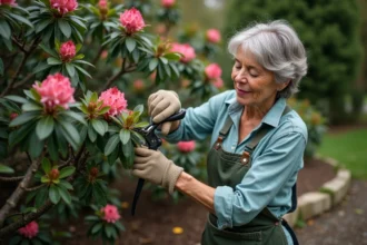 Femme qui taille les fleurs fanées d'un rhododendron après floraison dans un jardin printanier