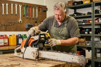 Technicien appliquant de l'huile de chaîne sur une tronçonneuse électrique posée sur un établi en bois dans un atelier