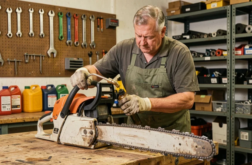 Technicien appliquant de l'huile de chaîne sur une tronçonneuse électrique posée sur un établi en bois dans un atelier