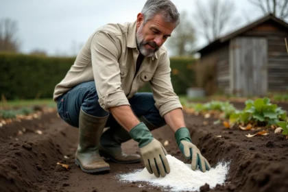 Jardinier épandant de la chaux calcaire sur un potager en automne, sol sombre et humide entre des rangées de légumes