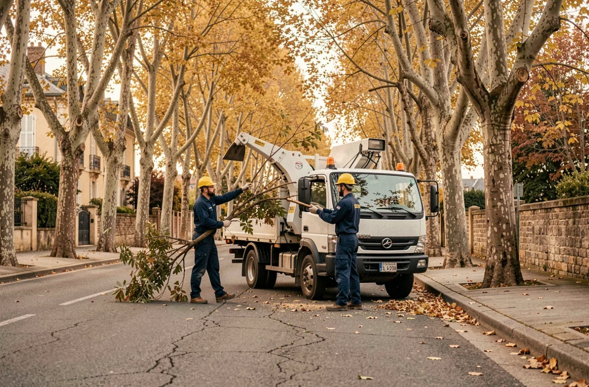 Équipe d'élagueurs professionnels avec un broyeur de branches sur une avenue arborée en France