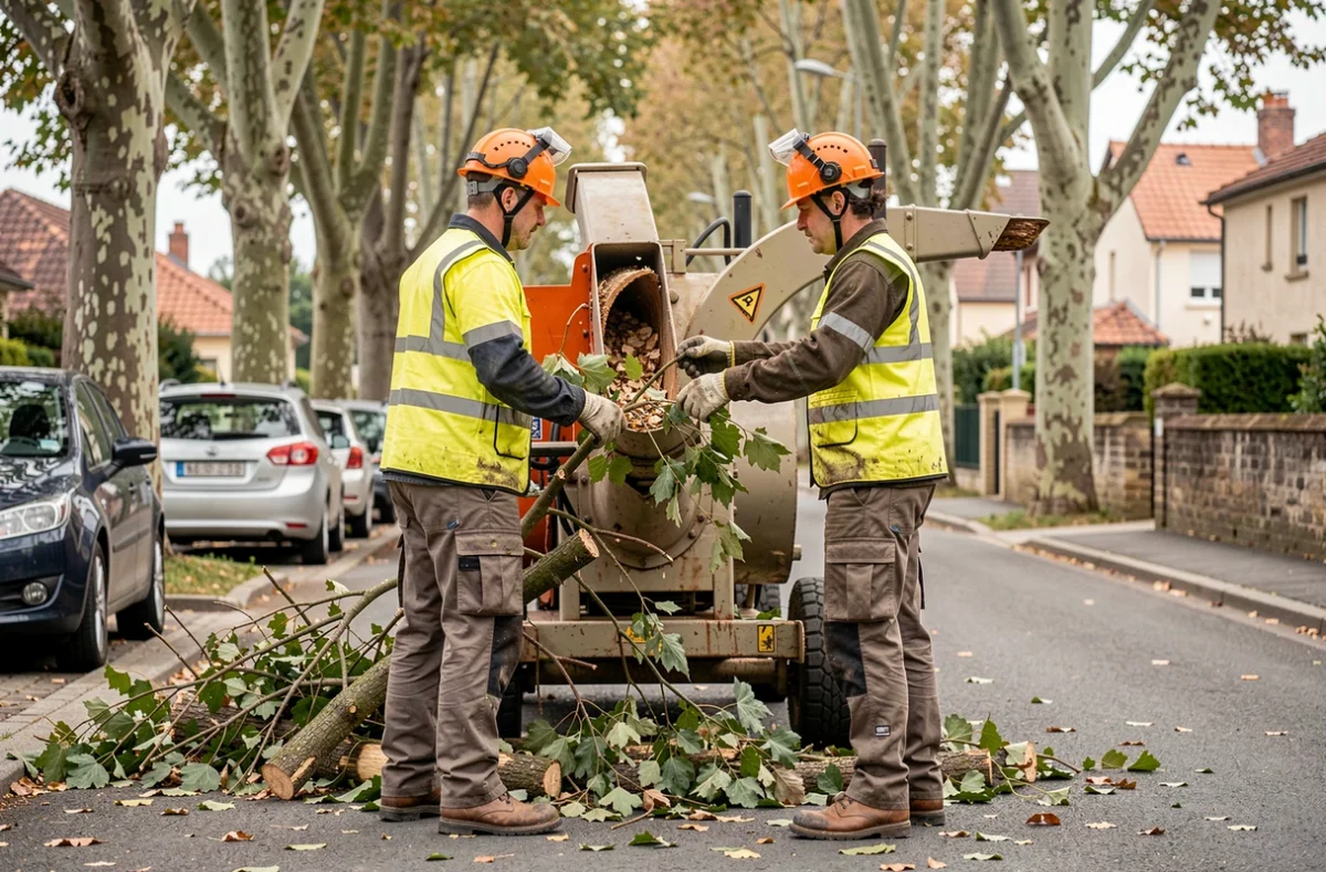 Deux élagueurs en gilet haute visibilité alimentant un broyeur de branches dans une rue résidentielle française