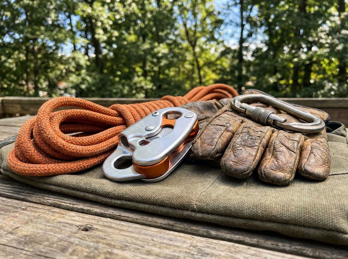 Descendeur évacuateur professionnel posé sur un établi avec corde, mousqueton et gants d'arboriste